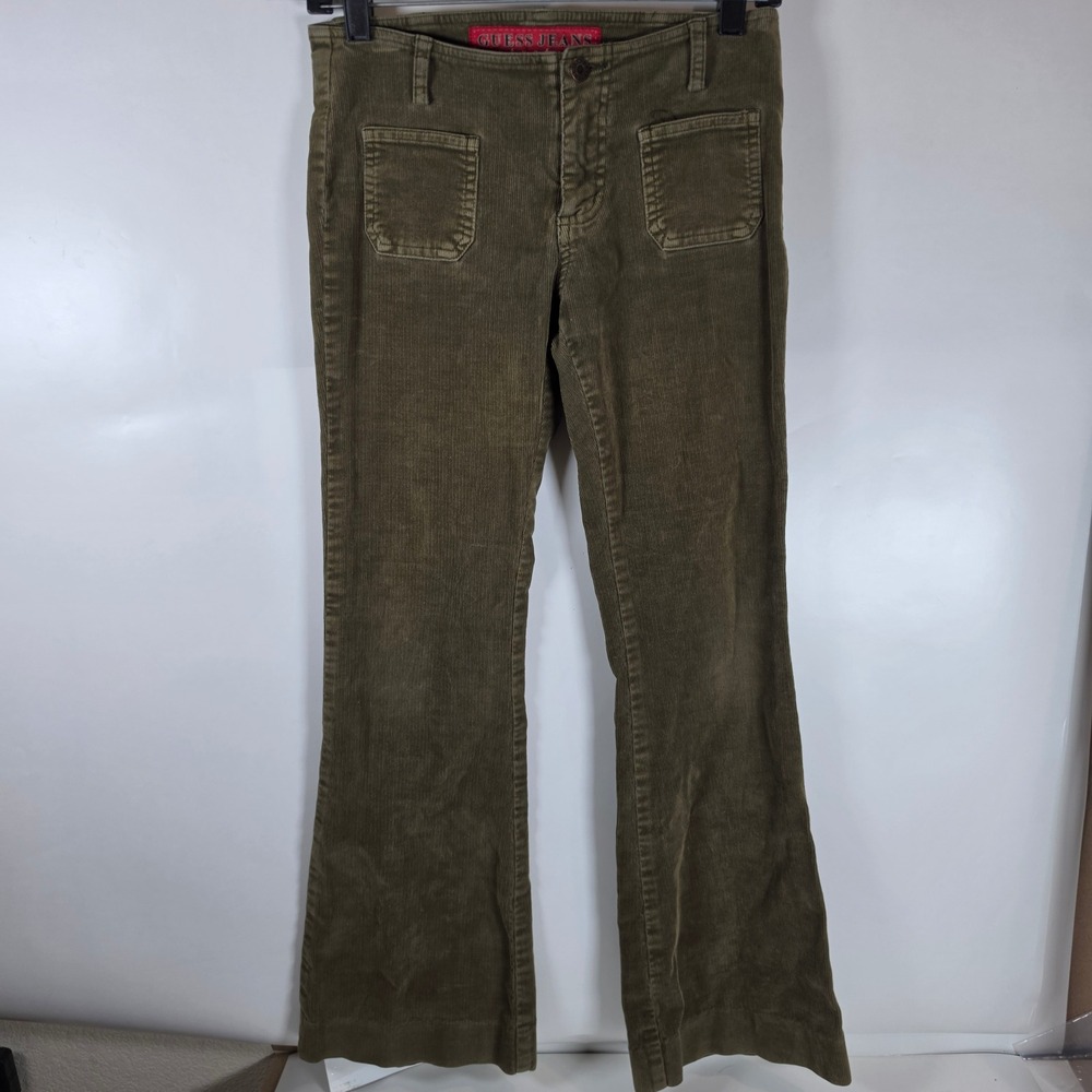 Vintage Guess Jeans Corduroy Flare Pants Olive Green Y2K 90s Patch Pocket Sz 24